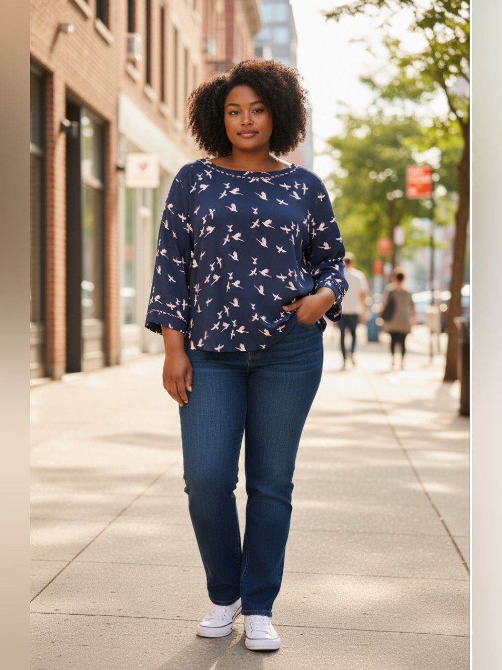 Van Heusen Women’s Navy Blue Peach Bird Print Quarter Sleeve Blouse - size XXL